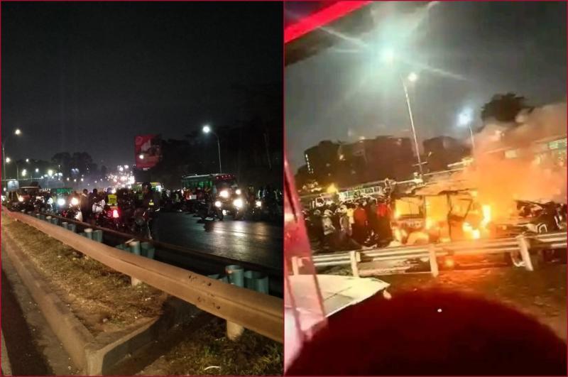 Boda Boda riders torched a breakdown after an accident on Thika Road.